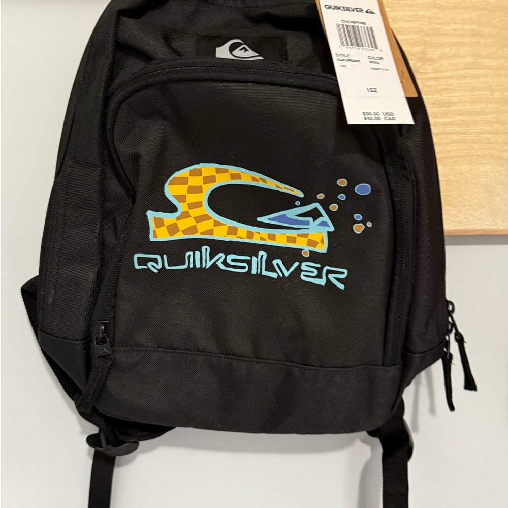 Quiksilver Black Backpack with Yellow and Blue Accents
